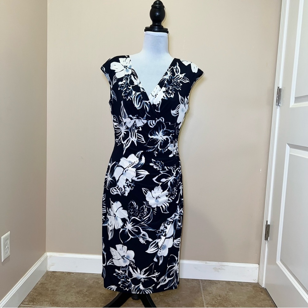LAUREN Ralph Lauren Midi Blue Floral Dress Office Business Casual Dressy, Size 8